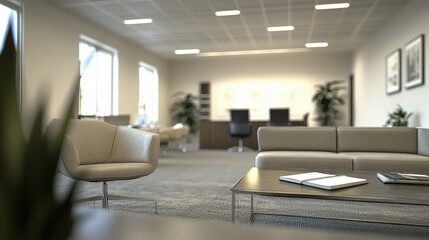 Fototapeta premium Modern office lounge with sleek furniture, neutral tones, and natural lighting, symbolizing productivity and elegance. Perfect for workspace, corporate, and interior design themes.