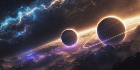 Obraz premium Cosmic Landscape of Three Planets in Deep Space Exploration with Dramatic Lighting and Vibrant Colors