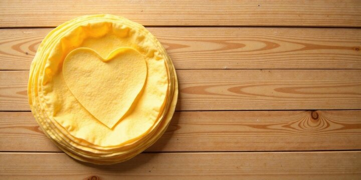 A stack of pale yellow flatbreads on a light wood surface, featuring a heart-shaped cutout, symbolizing warmth, affection, and culinary delight.