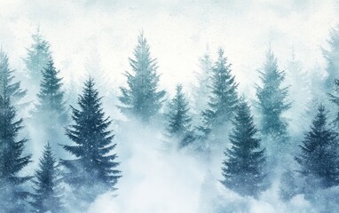 Naklejka premium Misty Winter Forest with Conifer Trees and Snowfall, Watercolor Effect.
