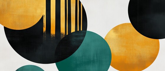 Abstract art design featuring circles and lines in green, black, and gold colors. Modern decor for contemporary spaces, enhancing creativity and style.