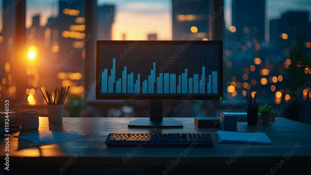 Poster data analysis at dusk: a modern office desk bathed in the warm glow of the setting sun, featuring a 