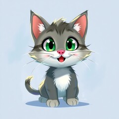 Obraz premium A cute, cartoon-style kitten with big green eyes and a playful expression.