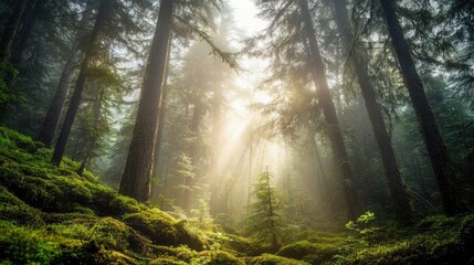 Obraz premium Moss-covered forest floor under a canopy of foggy trees.