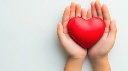 Obraz premium Hands Holding a Red Heart Symbolizing Love, Care, and Compassion with a Soft Neutral Background for Emotional and Romantic Themes