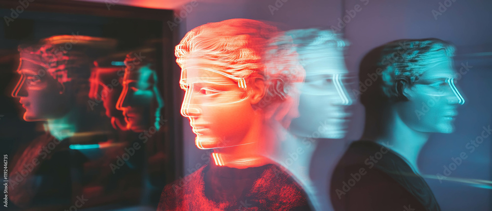 Poster exploring ancient busts with neon outlines in a modern artistic interpretation