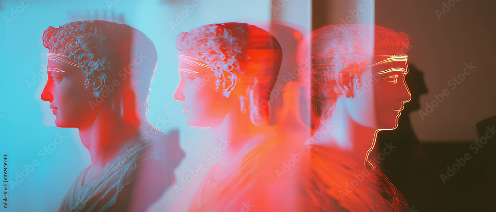 Poster Ancient busts illuminated with neon outlines and dynamic glowing profiles in artistic display