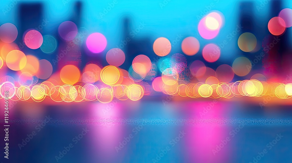 Poster Blurred abstract background idea. Colorful bokeh lights create a vibrant and energetic urban atmosphere at night.
