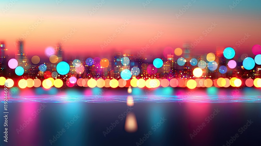 Poster blurred abstract background idea. colorful bokeh lights create a dreamy cityscape at twilight, perfe