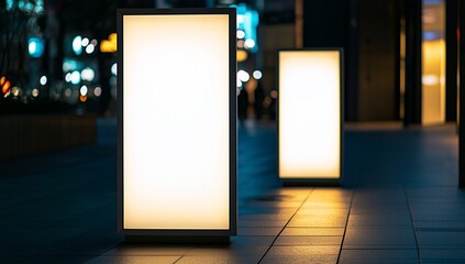 Close-up of vertical light boxes on a Tokyo street at night.