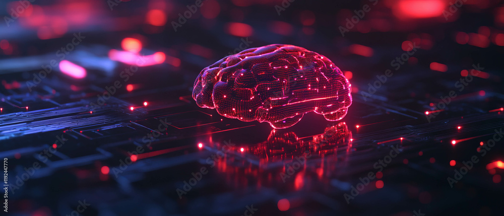 Poster exploring the depths of artificial intelligence through glowing minds and technology