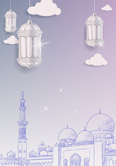 Ramadan Kareem or Eid Mubarak Islamic design with lantern, lamp, light and cressent moon background vector illustration for poster, banner, greeting, cards and event.