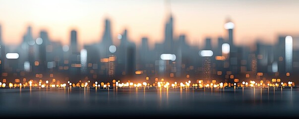 Blurred abstract background idea. A vibrant city skyline at dusk, showcasing illuminated buildings and glowing reflections.