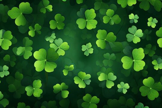 Green shamrocks floating on a dark green background symbolizing saint patrick's day and irish culture