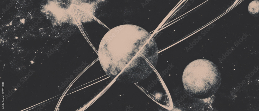 Poster Exploring atomic symbols and radiating patterns reminiscent of the atomic age