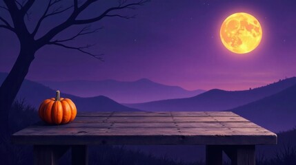 Serene Autumn Night  A Rustic Wooden Table Set Against a Silhouette of Mountains Underneath a Giant Harvest Moon with a Single Small Pumpkin