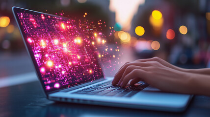 Laptop with Glowing Data Stream: A person's hands actively type on a laptop, from which a vibrant stream of glowing pink and purple data particles emanates.