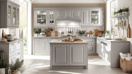 Fototapeta premium Small, cozy gray kitchen with a functional bar counter and panoramic windows for sunlight.