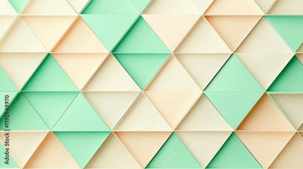 Poster Triangle abstract background concept. A vibrant geometric pattern of triangular shapes in mint green and peach hues.
