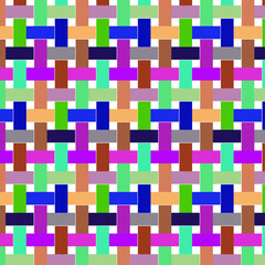 Colorful seamless geometric pattern with squares and shapes in blue, yellow, pink, and light tones