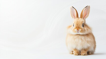 Obraz premium A cute, fluffy rabbit with long ears sits against a plain background, showcasing its soft fur and inquisitive expression.