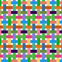 Colorful seamless geometric pattern with squares and shapes in blue, yellow, pink, and light tones
