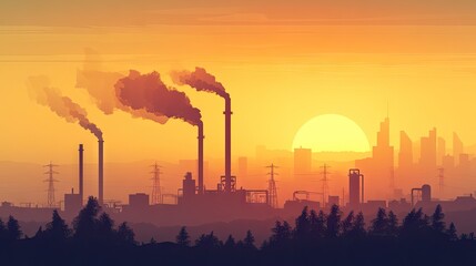 Smoky sunset over a polluted city with faint outlines of buildings.