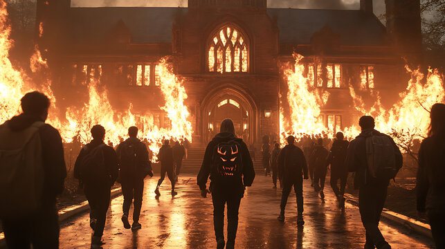 Students walking towards burning school building with fiery decorations, creating dramatic scene