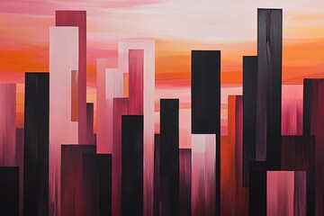 Obraz premium Abstract city skyline artwork featuring geometric shapes in vibrant hues of pink, red, and black against a sunset background. Urban art and modern decor theme.