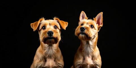 A Pair of Adorable, Fluffy, Golden-Brown, Small Dogs Pose Against a Black Background, Looking Upward with Curious Expressions
