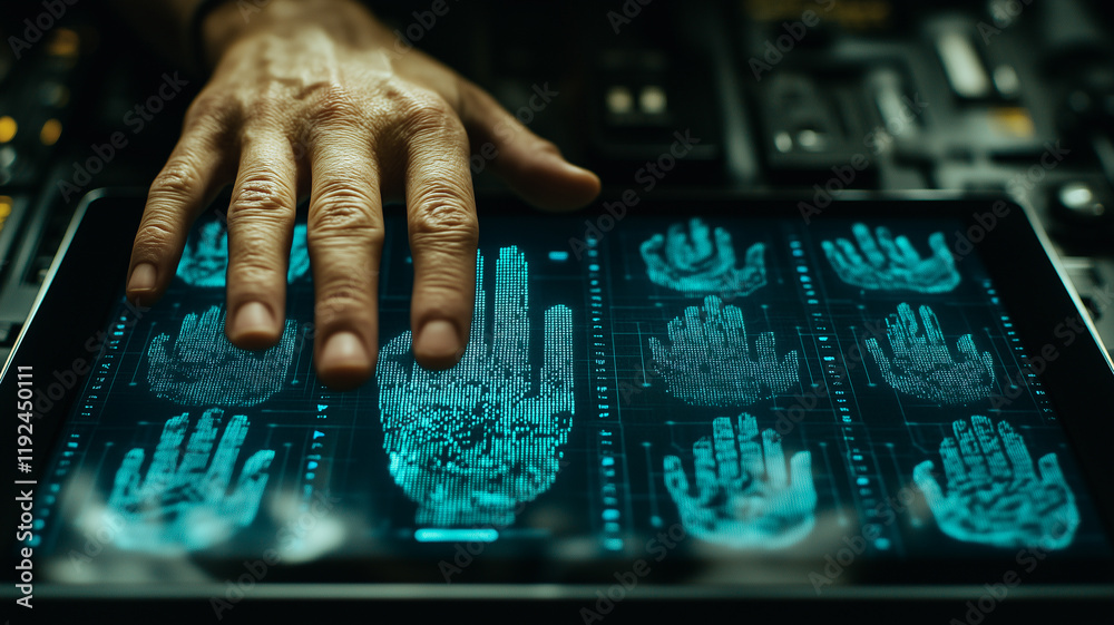 Poster cybersecurity and privacy: close-up of a hand interacting with a futuristic interface, displaying mu