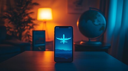 A minimalist desk setup with a smartphone displaying a map and airplane icon, warm ambient light from a nearby lamp creating soft shadows, symbolizing travel and exploration