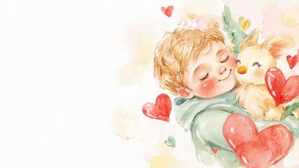Fototapeta premium Heartwarming Child Embracing Cute Animal Whimsical Style Soft Colors Illustrative Art Joyful Concept