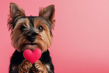 Naklejka premium Australian Terrier holding a small heart-shaped flower, sitting on a pink background, postcard design with empty space for greeting. Valentine concept, veterinary