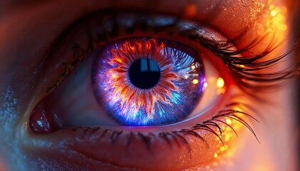 Cosmic Eye: An intense close-up of a vibrant, captivating eye with a mesmerizing mix of blue, purple, and orange hues.