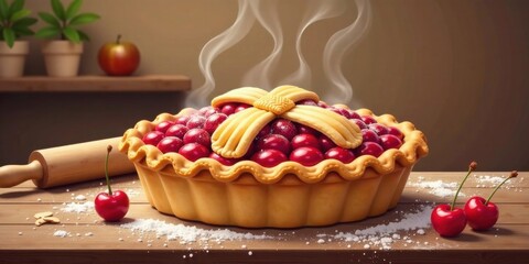 Warm Steaming Cherry Pie on Wooden Table with Rolling Pin and Cherries