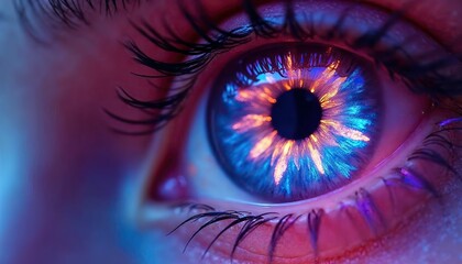 A close-up shot of a human eye with an otherworldly, psychedelic effect. The iris is swirling with vibrant colors, a kaleidoscope of blues, oranges, and purples Cosmic Eye