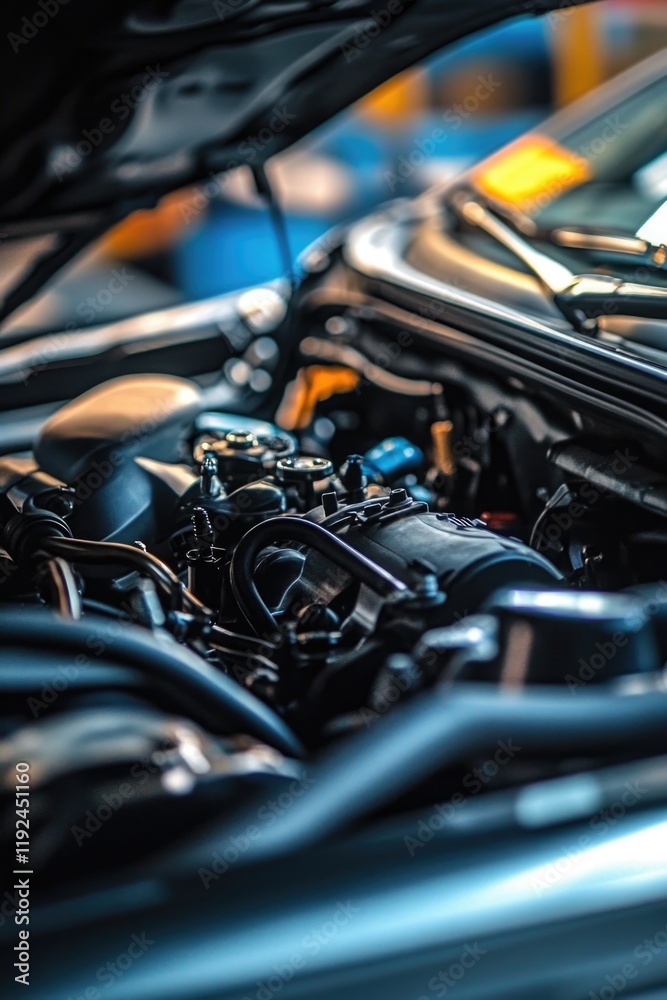 Poster close-up shot of a car engine with the hood open, ideal for automotive or technical use