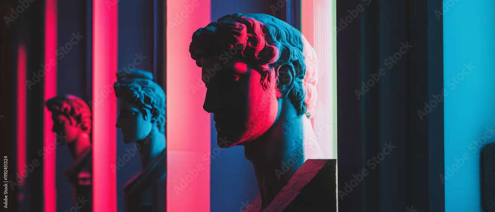 Poster classical statues bathed in neon light create a striking modern art display