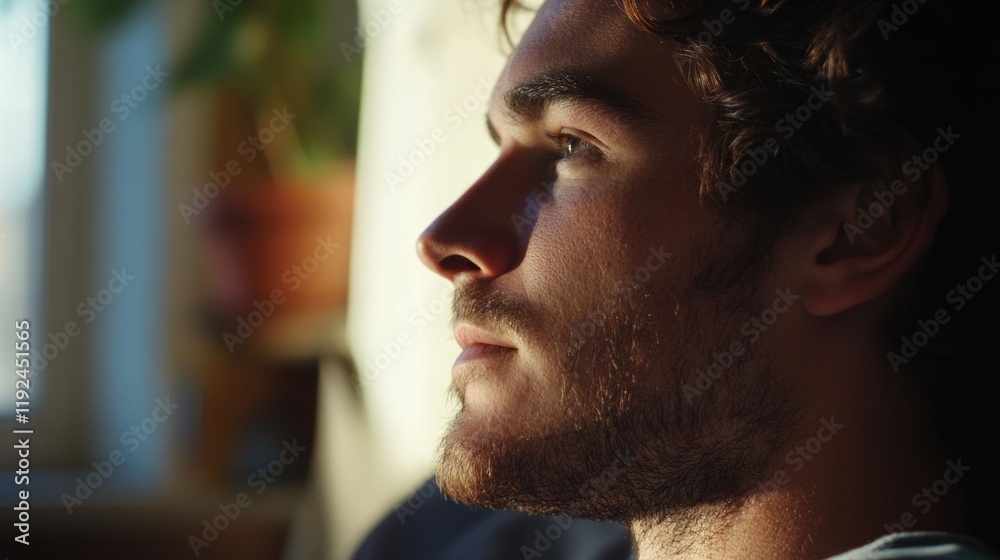 Poster a close-up shot of a man's face with his eyes shut, suitable for use in portraits or scenes where ch