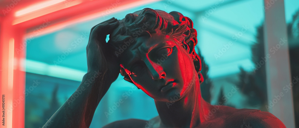 Aufkleber close-up view of intricate statues enhanced with vibrant neon details and textures
