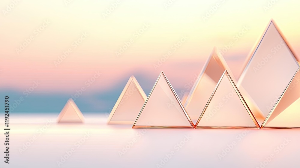 Poster Triangle abstract background concept. Elegant glass pyramids reflecting soft pastel colors in a serene atmosphere.