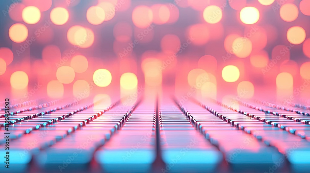 Poster Blurred abstract background idea. A vivid close-up of a keyboard with colorful lights in the background.