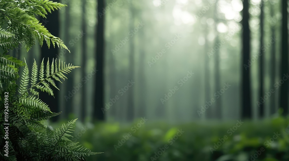 Poster Blurred abstract background idea. Lush green forest with ferns, creating a serene and tranquil ambiance in nature.
