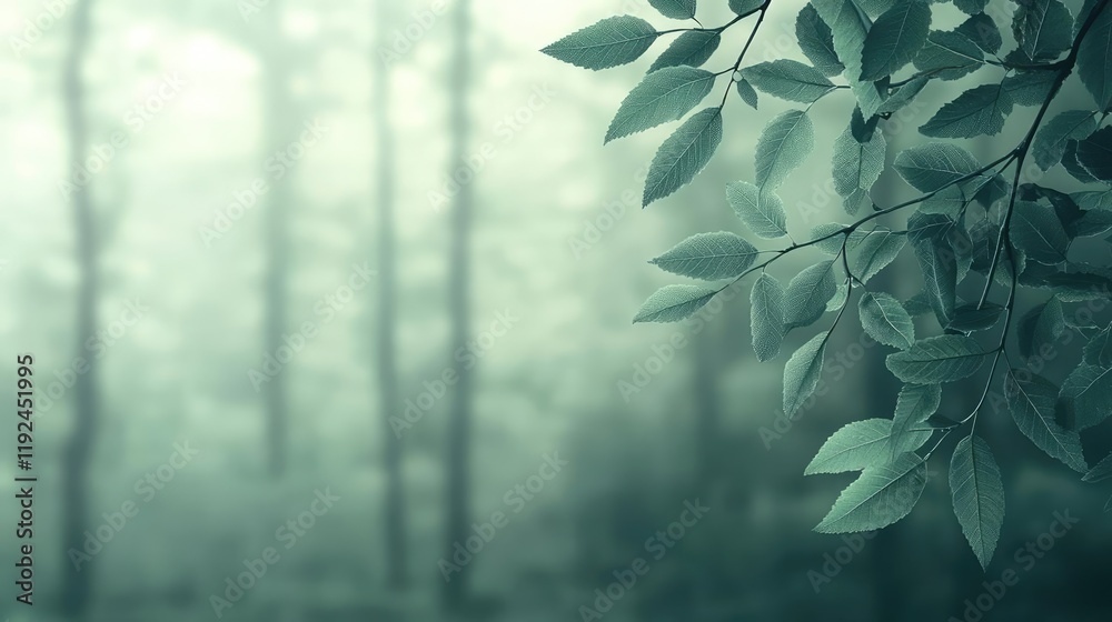 Poster Blurred abstract background idea. A tranquil forest scene with soft green leaves and a misty atmosphere.