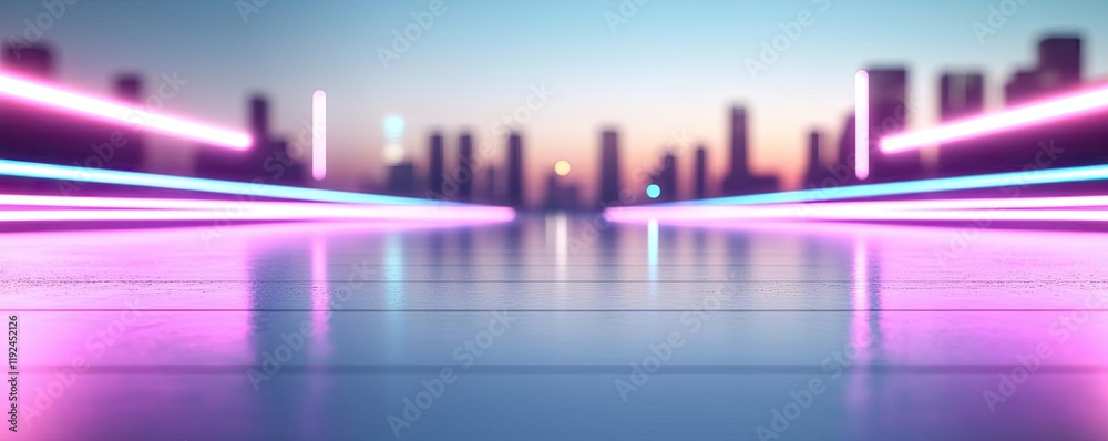 Poster blurred abstract background idea. futuristic city skyline with neon lights reflecting on a smooth su