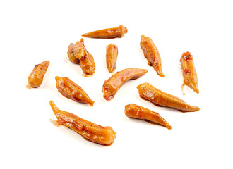 Stewed okra, cooked bamya fruits isolated, traditional asian dish bamia in red sauce, okra stew closeup