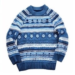 Cozy blue knitted sweater with intricate nordic design, perfect for keeping warm during winter