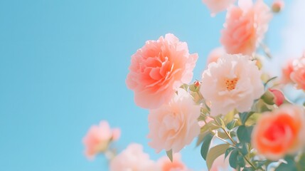 Pastel pink roses and blue sky, Generative AI