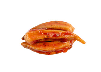 Stewed okra, cooked bamya fruits isolated, traditional asian dish bamia in red sauce, okra stew closeup